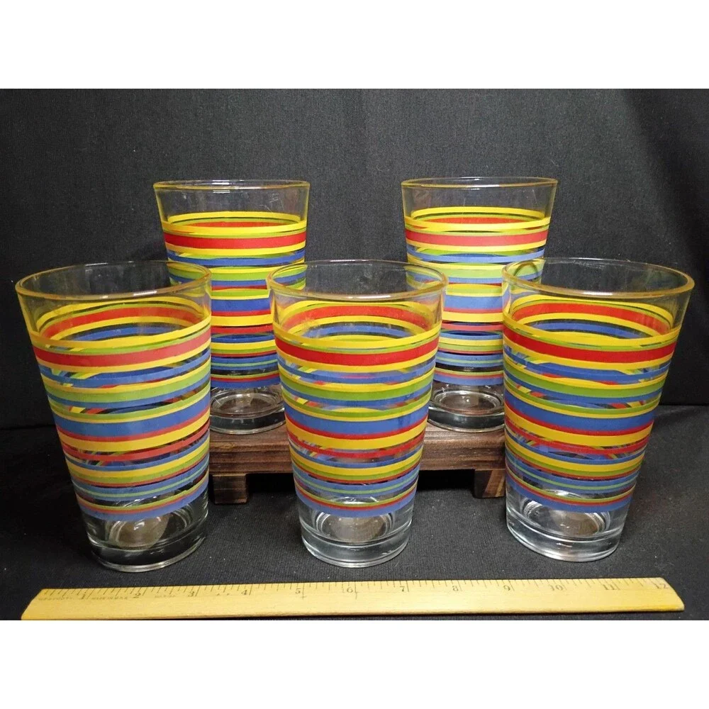 Vintage Libbey Mambo Fiesta Rainbow Stripe 16oz Tumblers Set of 5 Retro